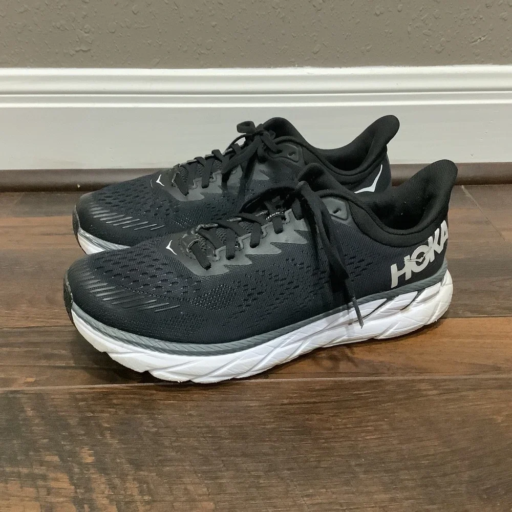 Hoka Clifton 7 Womens Running Shoes Black White Road Sneakers 1110509 BWHT - Picture 1 of 13